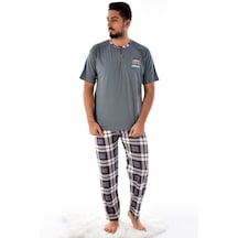 Pemilo 31101 - 1 2105 Ekose Desenli Kısa Kol Erkek Pijama Takımı Füme