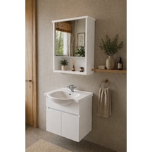 Darende 55cm Seramik Lavabolu Mdf Aynalı Banyo Dolabı Beyaz