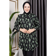 Hira Life Fashion Kadın Tesettür Giyim Ve Spor Giyime Uygun Önü Düğme Detaylı Şık Desenler Dokuma Viskon Gömlek-tunik Haki 5 Haki 5