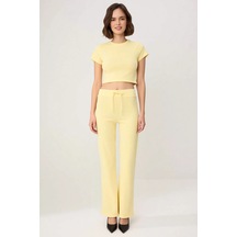 Benerly Kadın Büyük Beden Crop Top Ispanyol Paça Takım Bisiklet Yaka Kısa Sarı