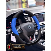 Seat Ateca Dikme Direksiyon Kılıfı Delikli Deri Parlak Siyah Mavi Detay Çift Yüzük Ve Dikiş2016-2020