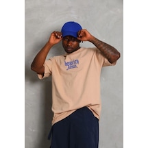 Oversize Baskılı Bisiklet Yaka T-shirt - Bej -
