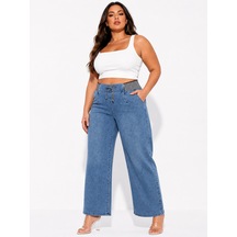 Zanessi Fashıon Büyük Beden Denim Beli Lastikli Bol Paça Kadın Pantolon Mavi