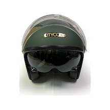 Motosiklet Yarım Kask , Mat Yeşil, Çift Vizörlü, Vintage Stil, Terletme Yapmaz Pedler -m Beden Diğer