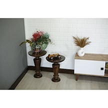 Wood Wooden Ahşap 2'li Ceviz Renk Fitilli Mantar Yan Sehpa Modern Fiskos / Çiçeklik / Zigon Sehpa Ceviz