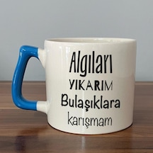 Mor Mürekkep Algıları Yıkarım Bulaşıklara Karışmam Baskılı Mavi Kulplu D Kupa