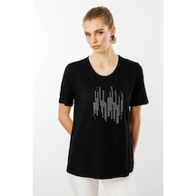 Desen Triko Sıfır Yaka Taş Baskılı Penye Kadın T-shirt 25769 Siyah