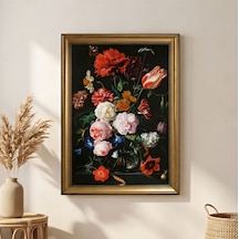 Vintage Gold Çerçeveli Barok Vazoda Çiçek Natürmort Kanvas Tablo Salon Duvar Dekoru 60x80 Cm