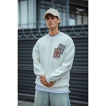 Uzun Kol Bisiklet Yaka Baskılı Sweatshirt - Beyaz -
