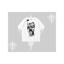 Tarzsokak Am Hungry Kedi Baskılı Oversize Tshirt Beyaz
