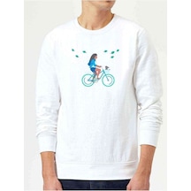 Addict Bisikletli Kız Sulu Boya Baskılı Beyaz Erkek Sweatshirt