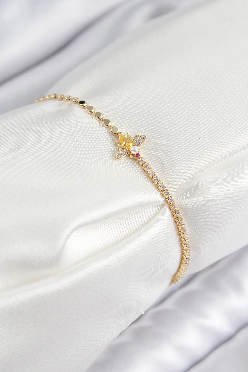 Pirinç Zirkon Taşlı Arı Model Ezme Zincir Gold Renk Kadın Bileklik Çelik