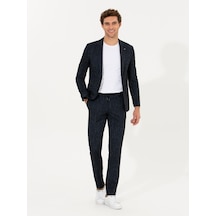 Cacharel Lacivert Ex. Slim Fit Beli Bağcıklı Çizgili Kumaş Pantolon