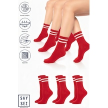 Saysez Bambu Unisex Tenis Kolej Çizgili Premium Kırmızı Renk Dikişsiz Soket Çorap 3'lü Paket Kırmızı