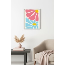 Doğal Ahşap Çerçeveli Retro Pop Art Çiçek Tablo - Pembe Mavi Floral Huhu2740