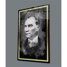 Şerit Atatürk Portresi Siyah Beyaz Cam Tablo, Uv Baskılı Ve Temperli, Hediyelik