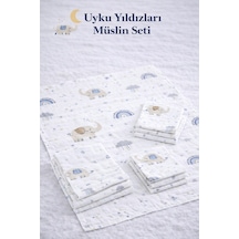 More Home % 100 Pamuk Müslin Örtü, Bebek Battaniyesi 5 Parça Set Filli Gökkuşağı Beyaz Mavi