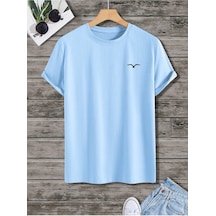 Kuş Logo Minimal T-shirt - Bebe Mavisi Oversize Baskılı Bisiklet Yaka Bebe Mavisi