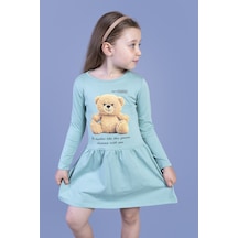 Toontoy Kız Çocuk Ayıcık Baskılı Elbise Yeşil