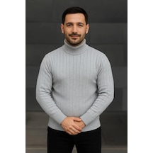 Balıkcı Yaka Bağazlı Triko Kazak Pamuklu Kalın Fitilli Dokuma, - Gri Gri