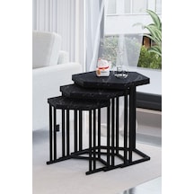 Tokyo 3'lü Zigon Sehpa Siyah Metal - Siyah Mermer Tabla