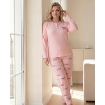 Eyfuze Kadın Kışlık Büyük Beden Curve Nakışlı Desenli Yakası Düğmeli Uzun Kollu Pijama Takımı Ekru - Somon