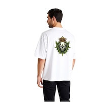 Paybuy Erkek Oversize Tişört Taçlı Kafatası Çiçek Motifi Sanat Baskı Gün Beyaz