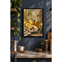 Limon Ve Zeytinyağı Desenli Dekoratif Mdf Tablo, Çerçeve Görünümlü Ahşap Poster