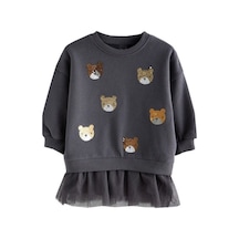 Payetli Pullu Tüllü Koyu Gri Teddy Şirin Kız Çocuk Sweatshirt Koyu Gri