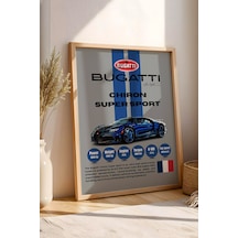 Bugatti Chiron Super Sport Araba Tablosu - Teknik Özellikli Otomobil Poster - Çerçeveli Duvar Dekoru Kayın