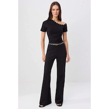 Benerly Kadın Kısa Kollu Crop Top Sedef Düğmeli Asimetrik Yaka Ribana Örm siyah