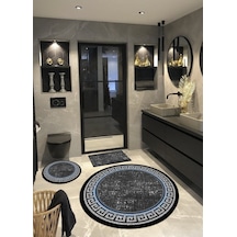 Zincir, Pamuk Dokuma Taban, Yuvarlak Banyo Halısı, 100x100-60x60-40x60 Cm 3 Lü Set Siyah