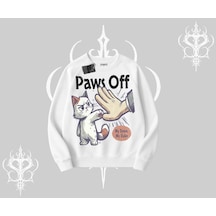 Paws Off Yazılı Kedi Baskılı Streetwear Biskilet Sweatshirt Beyaz