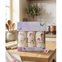 3 Lü Nakışlı Mutfak Havlusu Seti 30x50 Cm Kutulu Hediyelik Pamuk Havlu Takımı Krem