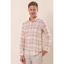 İmza Bej Uzun Kollu Kareli Cepsiz %100 Pamuk Klasik Slim Fit Dar Kesim Gömlek 1004230176-bej Bej