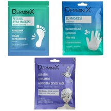 Derminix Nemlendirici El Maskesi + Keratin & E Vitamini & Hindistan Cevizi Yağı Bone Saç Maskesi + Peeling Ayak Maskesi 3'lü