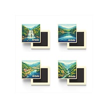 Artvin - 4'lü Memleket Seti - Baskılı Buzdolap Magneti Kare - 9x9 Cm - 4 Adet