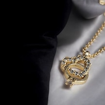 Altın Renk Kalp Ve Yüzük Motifli Taşlı Kolye Anlamlı Kadın Takı Gold