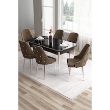 Canisa Tia Serisi 80x132 Mdf Siyah Mermer Desen Krom Detay Mutfak Masası Ve 6 Kahverengi Sandalye Masa Siyah Mermer Desen Sandalye Kahve