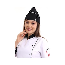 Siyah Üzerine Beyaz Biye Aşçı Kayık Kep - Unisex-Standart-Tek Parça