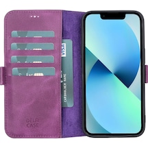 Plm Apple İphone 13 Uyumlu Deri Cüzdanlı Kılıf Rustik Mor Acı Kahverengi