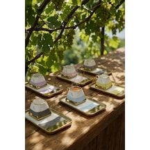 Acar Aspen Renkli Gold Yaldız Ikram Tabaklı 6 Kişilik 90 Ml Porselen Kahve Fincanı Takımı 0224 Çok Renkli