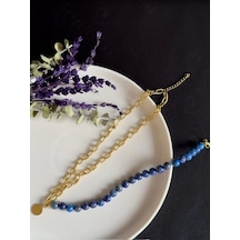 Lapis Lazuli Doğal Taş Kabartma Zincirli Gold Çelik Kolye Altın