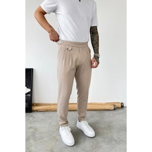 Bej Kemer Detaylı Regular Fit Kumaş Pantolon