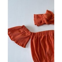Özge Başaran Kız Çocuk, Likralı Deri Fiyonk Detaylı Pantolon, Turuncu Straplez Crop Bluz Ve Saç Turuncu