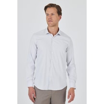 İmza Uzun Kol Çizgili Desen Bez Ayağı İtalyan Yaka Cepsiz Esnek Classic Slim Fit Gömlek 1004250202 Beyaz