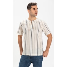 Büyük Beden Kısa Kol Şile Bezi Zımbalı Erkek Tshirt Ekru Gri Çizg