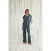 Ang Butik Kadın Kısa Kollu V Yakalı Dantelli Pijama Takımı Yeşil