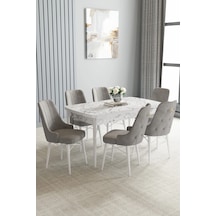 Familieconcept Zümra Serisi, Beyaz Mermer Desen 80x132 Açılabilir Mdf Mutfak Masası Takımı 6 Adet Sandalye Gri