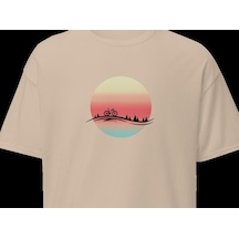 Wildstyle Retro Gün Batımı Bisiklet Vintage Doğa Yol Bisikleti Baskılı Unisex Bisiklet Yaka Pamuklu Tişört Camel